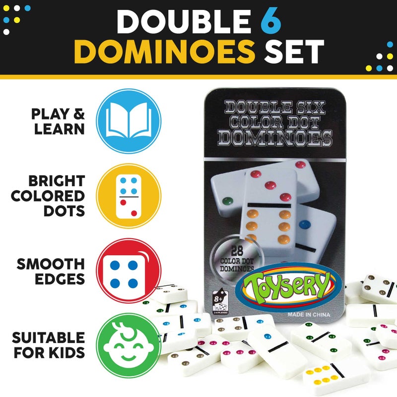 Toysery Double 6 Dominoes Set with Colored Dots. 28 Piece Set White Dominos for Kids with Tin Case. Educational Game Set - Image 3